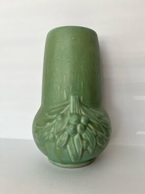 Vng McCoy “Leaves and Berries “ Vase in matte sage green glaze dating from 1930s